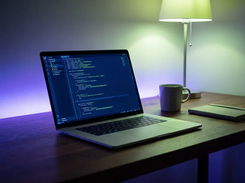 Laptop on a minimal desk showing a glowing code editor