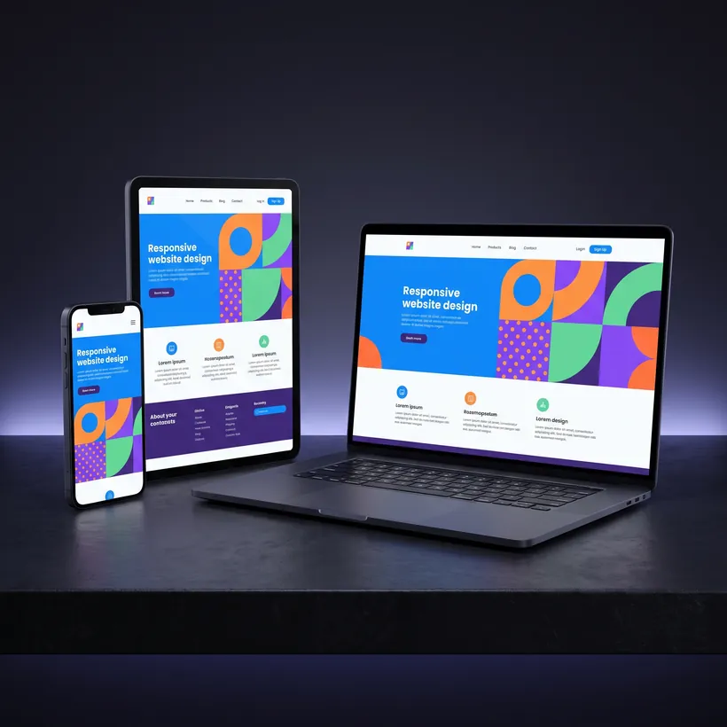 Phone, tablet and laptop displaying matching responsive layouts